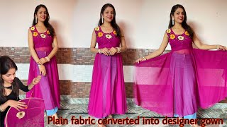 Plain Georgette fabric converted into designer embroidered gown full flare frock gown tutorial [upl. by Arret557]