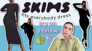 SKIMS FITS EVERYBODY CREW NECK LONG SLEEVE DRESS try on review [upl. by Ettebab]