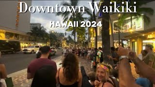 Downtown Waikiki at Night in Honolulu 4k Walking Tour  Oahu HAWAII [upl. by Ahsatak]