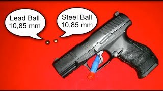 Walther PPQ T4E Steel amp Lead Balls shooting german [upl. by Ynaittirb102]