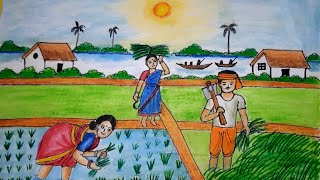 How to draw farmers working in the field very easy cultivation scenery very easy steps [upl. by Nolly288]