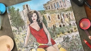 Vespa Girl Claudia Cardinale in Athens near the Acropolis Drawing [upl. by Judie]