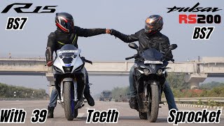 Bajaj Pulsar RS200 BS7 with 39 Teeth Sprocket vs Yamaha R15M 2024 Drag Race [upl. by Connor]