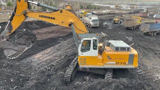 Liebherr 974 Excavator Loading Coal On Trucks  Labrianidis Mining Works [upl. by Charmion]