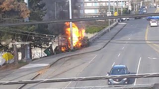 Traffic Cam Encampment fires with propane explosions caught on camera [upl. by Annasor]