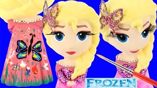 FROZEN ELSA DRESS Paint Your Own Glitter Butterfly Feathers Flowers HowTo Costume Figurine Toys [upl. by Comptom]