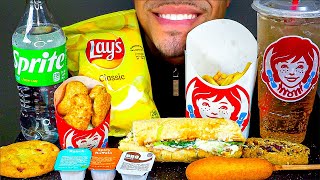 WENDY’S VS SUBWAY ASMR MUKBANG CORNDOG SUB SANDWICH FRIES FROSTY ICE CREAM CHIPS NO TALKING JERRY [upl. by Winnie]