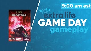 Extra Life Game Day Uno Ultimate Marvel Venom vs SpiderMan 2099 Rocket Groot vs Shang Chi Gameplay [upl. by Doxia]