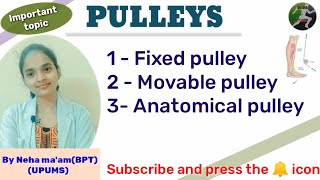 PULLEYS  Types of pullleys  Fixed pulley  Anatomical pulleyBiomechanics and Exercise therapy [upl. by Terces]