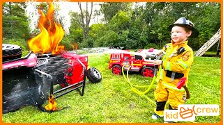 Firefighter crash rescue with kids power wheel fire truck Educational vehicle entry  Kid Crew [upl. by Raclima]