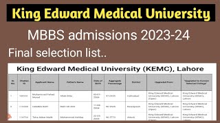 Kemu final merit list for mbbs admissions 202324  uhs college wise selection list for mbbs 2023 [upl. by Yelkao]