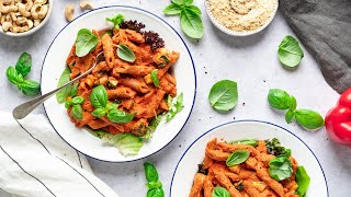 Pasta in romige paprikasaus met courgette  super SIMPEL VEGAN pastarecept [upl. by Eisdnil327]