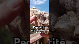 Pegmatite with Lithium pink Beryllium green dots Mica shiny shards Quartz Sandia Foothill NM [upl. by Past216]