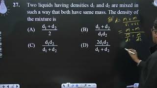 Two liquids having densities d1 and d2 are mixed in such a way that both have same mass The den [upl. by Assetak309]