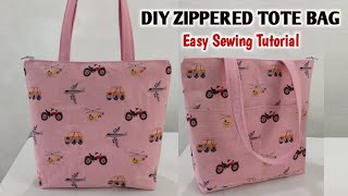 DIY Zippered Tote Bag with Pockets  Cloth bag easy sewing tutorial  Tote bag making at home [upl. by Harrington971]