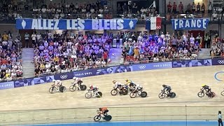 Frances Benjamin Thomas crashing amp winning gold in track cycling mens omnium Paris Olympics 2024 [upl. by Kolnos]