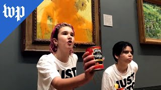 Climate protesters throw soup on Van Gogh painting [upl. by Dnalyram376]