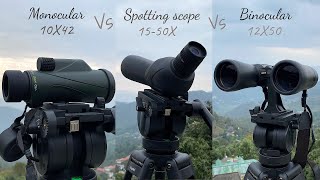 Monocular 10X vs Binoculars 12X vs Spotting scope 1550X  ED Vs Non ED Lens [upl. by Darn]