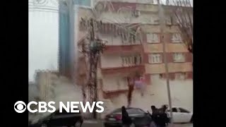 Video shows building collapse in Turkey as earthquake strikes [upl. by Egamlat]