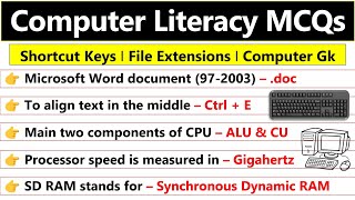 Computer mcq questions  Computer literacy test  shortcut keys  file extensions [upl. by Notfa]