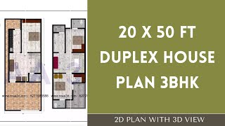 20 x 50 Duplex 3BHK House Plan  2050 house plan  20X50 Duplex House Plan with 3D [upl. by Akyre647]