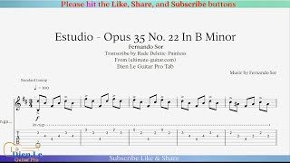 Estudio  Opus 35 No 22 In B Minor  Fernando Sor  for Classical Guitar with Tab [upl. by Ynnav]