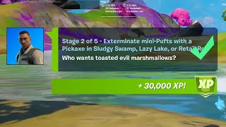 Exterminate mini Pufts with a Pickaxe in Sludgy Swamp Lazy Lake or Retail Row Fortnite Locations [upl. by Lanie]