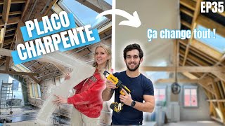 POSE DES PLACOS SOUS RAMPANTS  plaquage charpente  combles  VLOG Rénovation Hangar 35 J247 [upl. by Delisle344]