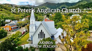 Akaroa New Zealand  ST PETERS ANGLICAN CHURCH  Drone flyover [upl. by Hedgcock637]