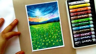 oil pastel drawing with 12 colours ♡ ep 1 mountain field｡✧ [upl. by Harve]