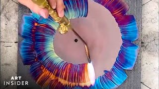 Artist Torches Colorful Designs On Copper Clocks [upl. by Osmen]