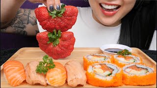 UNEDITED BIG BITE SUSHI  GIANT STRAWBERRY ASMR EATING SOUNDS NO TALKING  SASASMR [upl. by Andros]