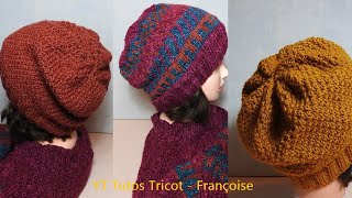 Tuto Tricot Bonnet Femme en 3 tailles en côtes 22  Point de Blé et Bonnet Femme au point Jacquard [upl. by Jeanna]