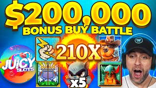 MOST INSANE 200000 BONUS BUY BATTLE vs JuicySlots WINNERS TAKES ALL Bonus Buys [upl. by Drapehs]