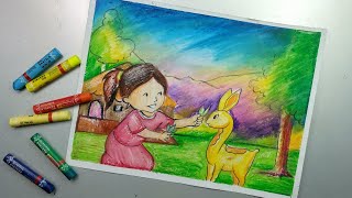 Cute scenery Drawing for kids  Showing kindness to animals [upl. by Bodkin]