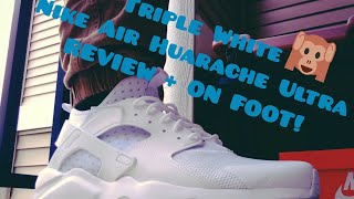 TRIPLE WHITE NIKE AIR HUARACHES ULTRA REVIEWON FEET [upl. by Galvin]