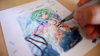 人魚 MANGA SPEED ART Coloring a mermaid ACEO with COPIC MARKER [upl. by Magulac651]