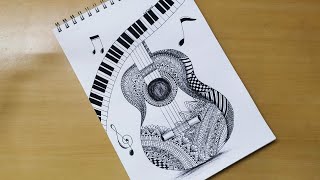 How to draw Mandala art of Guitar and music note  Zentangle art  Doodle art  Easy drawing [upl. by Jt375]