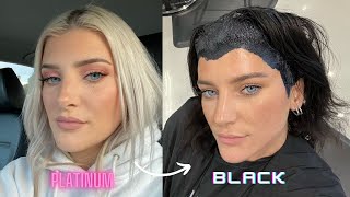 Dyeing my PLATINUM Blonde Hair BLACK extreme hair transformation [upl. by Fosque]