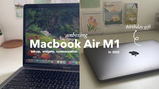 🍎 MacBook Air M1 space gray unboxing ✨  setup widgets customization  aesthetic [upl. by Inama356]