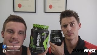 MusclePharm Assault v PreJym PreWorkout Supplement  MassiveJoescom Comparison SUPPWARS [upl. by Ivah]