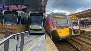 Trains And Trams At Flinders Street Ft Showgrounds Trains [upl. by Cope]