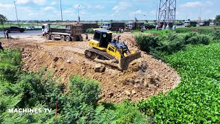 Start New Project Filling Up Land By Bulldozer SHANTUI DH17C2 and 24tonTruck Unloading Dirt [upl. by Ameluz]