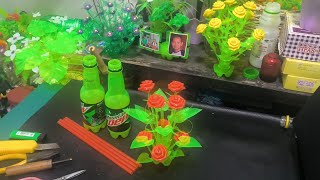 rose flower with leaves using pet bottles and drinking straw plastic bottle craft [upl. by Gildas]