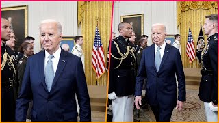 Biden 81 scowling stiffly exits the Medal of Honor ceremony while sternly ignoring reporters [upl. by Nomrac853]