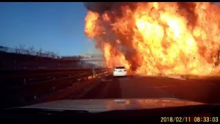 2 Injured as LNG Tanker Leaks Cause Fire on Expressway [upl. by Ikcaj296]