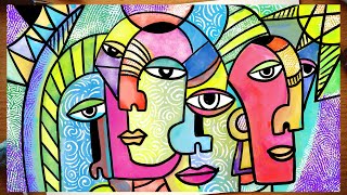 Cubism Picasso inspired Abstract faces  Cubism art lesson for kids  How to draw Cubism faces [upl. by Siduhey]