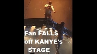 Kanye West Fan FALLS off FLYING STAGE he tried to CLIMB at Saint Pablo Tour [upl. by Noicnecsa]