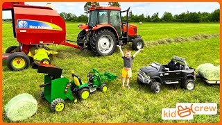 Baling hay with kids power wheel tractor amp real tractor to feed horse on farm Educational  Kid Crew [upl. by Veronike]