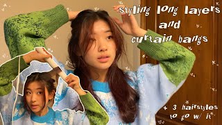 styling long layers  curtain bangs  amp 3 hairstyles to go w it [upl. by Sloatman973]